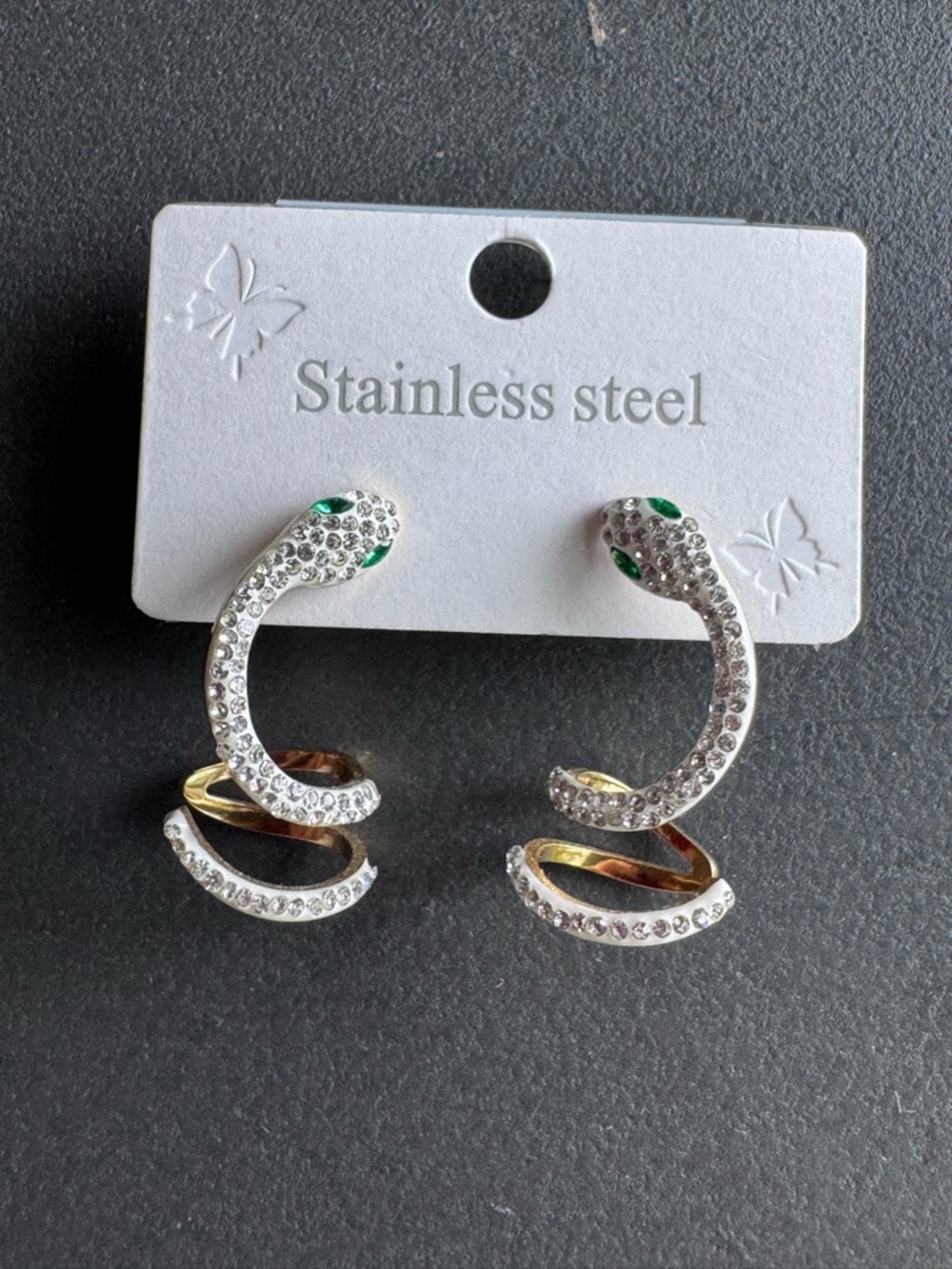 Stainless Steel Crystal Snake Hoop Earrings - Silver with Green Eyes